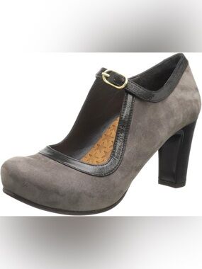 Chie Mihara T-strap suede Mary Jane contrasting leather trim block heel buckle